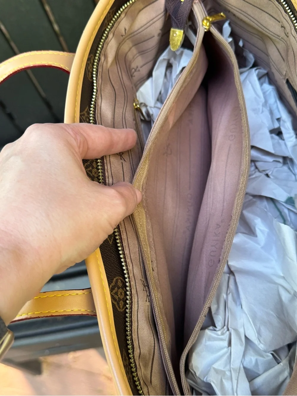 Guyika Brown Monogram Tote with Tan Trim - Picture 12 of 16